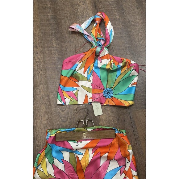 Rachel Zoe Women MIDI Skirt Halter Top Set Xs Jungle Tropical Floral Vibrant NEW - Picture 3 of 8